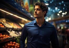ai gegenereerd Mens in de gangpad van de supermarkt. een Mens staat in voorkant van een kleurrijk Scherm van sinaasappels Bij een markt. foto