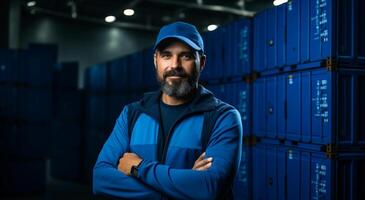 ai gegenereerd vervoer arbeider draag- dozen. Mens staat in voorkant van muur van blauw opslagruimte containers. foto