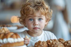 ai gegenereerd een jong jongen is aan het eten sommige taart. een jong jongen zit Bij een tafel, gefocust Aan zijn bord van voedsel. foto