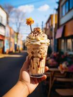 ai gegenereerd hand- Holding omhoog een ijs room beker. hand- is Holding glas van ijs room met chocola saus en geslagen room Aan de straat van klein dorp. foto