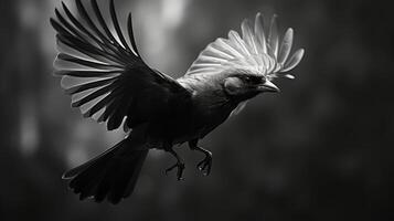 ai gegenereerd een detailopname van een monochroom vogel in bevallig vlucht foto