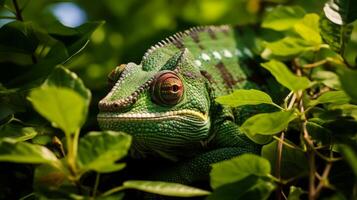 ai gegenereerd een kameleon mengen in met tuin gebladerte foto