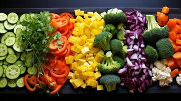 ai gegenereerd kleurrijk vegetarisch mengen kunst van voedzaam dining foto