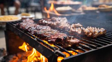 ai gegenereerd een buitenshuis barbecue met een focus Aan grillen technieken van verschillend culturen foto