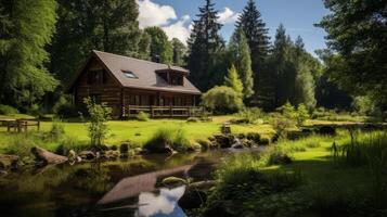 ai gegenereerd een bebost terugtrekken pensioen met rustig trails en vogels kijken mogelijkheden foto