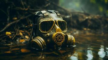 ai gegenereerd een detailopname van een gas- masker in een vervuild aquatisch milieu foto