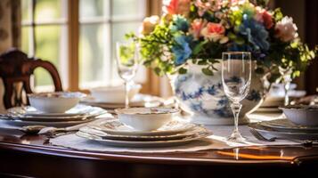 ai gegenereerd een elegant dining tafel reeks met prima China en elegant glaswerk foto