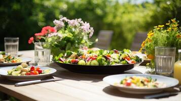 ai gegenereerd een zomer tuin partij tafel met vers salades foto