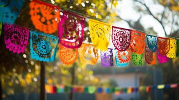 ai gegenereerd dag van de dood papel picado decoraties in de bries foto