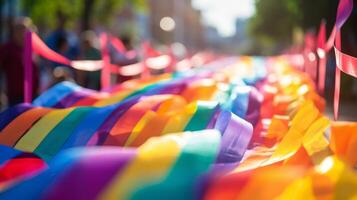 ai gegenereerd regenboog gekleurde linten Bij een feestelijk foto