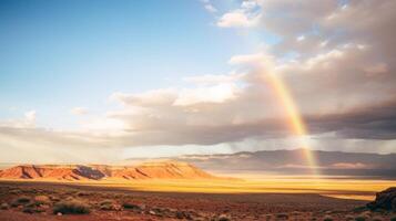 ai gegenereerd regenboog bovenstaand een woestijn landschap foto