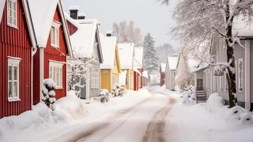 ai gegenereerd een sneeuw gedekt dorp straat foto