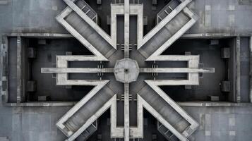 ai gegenereerd een overhead visie van een symmetrisch brutalist structuur foto