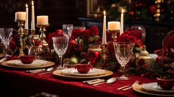 ai gegenereerd elegant vakantie instelling met luxueus Kerstmis decoraties foto