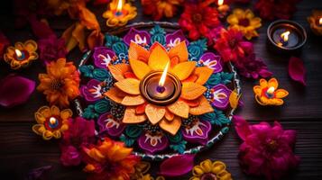 ai gegenereerd diwali decoraties met levendig bloemen rangoli foto