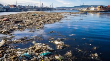 ai gegenereerd een vervuild haven met afval en verontreiniging in de water foto