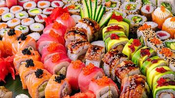 groot sushi reeks dichtbij omhoog achtergrond foto