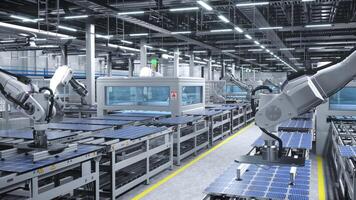 geautomatiseerd robot armen in snijdend rand zonne- paneel magazijn behandeling fotovoltaïsche modules Aan transportband riemen. bedrijf fabricage zonne- cellen in groen energie faciliteit, 3d illustratie foto