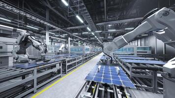 zonne- paneel fabriek met industrieel robot armen plaatsen pv modules Aan automatisering lijnen, 3d illustratie van industrieel gebouw interieur. massa productie magazijn produceren duurzame zonne- cellen foto