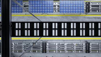 top naar beneden visie van zonne- panelen Aan bijeenkomst lijn bediend door hoog tech robot armen in modern duurzame fabriek, 3d illustratie. antenne schot van pv cellen in modern geautomatiseerd faciliteit foto