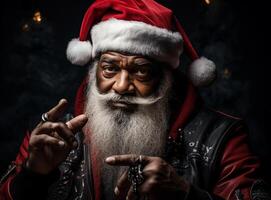 ai gegenereerd portret van senior Afrikaanse Amerikaans Mens vervelend een kostuum van de kerstman claus en Holding geschenken, op zoek Bij camera en lachend. kwaliteit familie tijd Kerstmis viering. foto