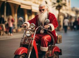 ai gegenereerd de kerstman claus levert cadeaus rijden een motorfiets. de kerstman fiets foto