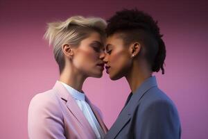 ai gegenereerd gelukkig verliefd lesbienne paar Aan studio achtergrond. diversiteit, lgbtq mensen concept. kopiëren ruimte foto