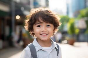 ai gegenereerd portret van Aziatisch gelukkig jongen op zoek Bij camera. schattig kind op zoek zorgeloos in gewoontjes kleren foto