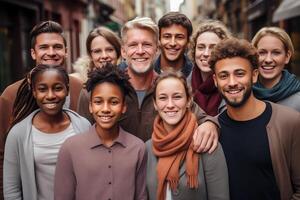 ai gegenereerd een groep van gelukkig verscheidenheid van leeftijden en nationaliteiten collega. mensen en verscheidenheid concept foto