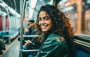 ai gegenereerd een mooi Latijns Amerikaans vrouw in de metro. portret van een jong vrouw zittend in een metro metro vervoer op zoek Bij haar smartphone, detailopname. bokeh in achtergrond. ai gegenereerd. foto