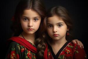 ai gegenereerd identiek glimlachen Pakistaans tweeling meisjes. genereren ai foto