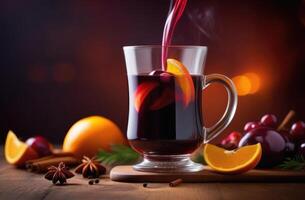 ai gegenereerd Kerstmis traditioneel drankje, heet alcoholisch overwogen wijn, winter drinken met oranje, kaneel en kruiden, glas van niet alcoholisch overwogen wijn, donker achtergrond foto