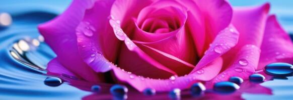 ai gegenereerd songkran, Thais nieuw jaar, roze roos in water, roos bloemblaadjes, oppervlakte met rimpelingen, achtergrond van spa en schoonheidsmiddelen concepten, druppels en spatten, horizontaal web banier foto