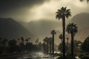 ai gegenereerd nevelig tropisch palm Aan berg in regenachtig het weer. genereren ai foto