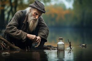 ai gegenereerd oud oud Mens eenzaam in pet met water glas. genereren ai foto