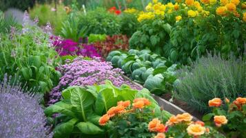 ai gegenereerd een tuin versierd met verheven bedden, waar weelderig groen gedijt naast kleurrijk bloei van een roos tuin en de rustgevend aroma van lavendel, creëren een pittoreske oase van schoonheid. foto