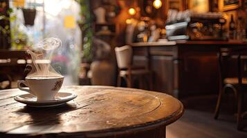 ai gegenereerd prachtig solide hout koffie tafel net zo de focaal punt, versierd met een stomen kop van zwart koffie, tegen de backdrop van een prachtig versierd cafe. foto