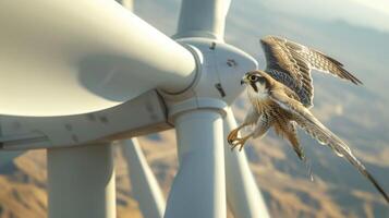 ai gegenereerd een majestueus valk stijgend sierlijk tussen de torenhoog messen van een wind turbine, presentatie van de ingewikkeld balans tussen dieren in het wild en hernieuwbaar energie. foto