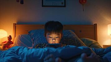 ai gegenereerd een Chinese jongen verdiept in zijn mobiel telefoon terwijl loungen in bed, de zacht gloed van de scherm verhelderend zijn gezicht, markeren de verleiden van modern technologie in elke dag leven. foto