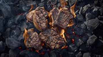 ai gegenereerd rundvlees t-bone steaks grillen over- heet bbq kolen, met portier steak of t-bone steak variëteiten, ideaal voor restaurant menu's of kookboek recepten foto