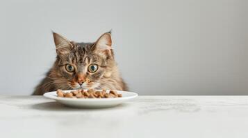 ai gegenereerd een kat haar hoofd uit van onder de tafel, getrokken door de aroma van nat kat voedsel in een kom geplaatst Aan de tafel, tegen een wit achtergrond, presentatie van de onweerstaanbaar verleiden van dining foto