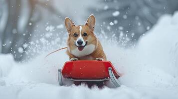 ai gegenereerd een schattig corgi net zo het geniet bobsleeën met een koel gezicht, haar vol lichaam figuur glijden naar beneden de besneeuwd helling met een speels uitdrukking dat straalt uit vreugde en spanning. foto