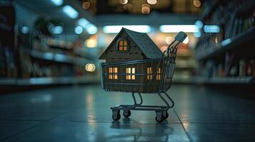 ai gegenereerd een detailopname van een karton huis geplaatst binnen een supermarkt kar, verlichte door natuurlijk daglicht. foto