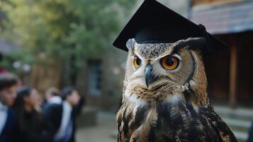 ai gegenereerd een majestueus uil versierd in een diploma uitreiking japon en baret, uitstralend wetenschappelijk elegantie en evenwicht net zo het neemt deel in een plechtig Universiteit ceremonie. foto