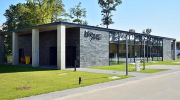 eco architectuur. groen boom en glas kantoor gebouw. de harmonie van natuur en moderniteit. reflectie van modern reclame gebouw Aan glas met zonlicht. foto