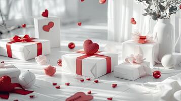 ai gegenereerd vlekkeloos wit geschenk dozen, elegant versierd met Valentijnsdag dag-thema decoraties, oproepen tot gevoelens van liefde en genegenheid in een tijdloos Scherm van toewijding. foto