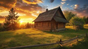 ai gegenereerd dorp leven in Servië met een realistisch fotograaf met een vreemd houten cabine genesteld temidden van de pittoreske platteland, oproepen tot een zin van kalmte en rust. foto