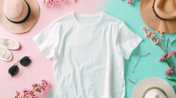 ai gegenereerd een wit t-shirt mockup met een blanco overhemd sjabloon, versierd met levendig voorjaar accessoires tegen een zacht pastel achtergrond, perfect voor overbrengen een vers en seizoensgebonden stijl. foto