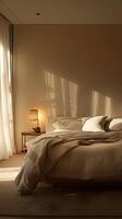 ai gegenereerd een hedendaags slaapkamer met een neutrale palet, met een elegant platform bed badend in zacht ambient verlichting, en versierd met decor naar creëren een rustig terugtrekken voor rust uit. foto