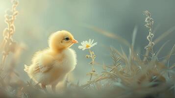 ai gegenereerd een heel schattig geel kuiken staand tegen een boeiend licht monochromatisch achtergrond, met een delicaat bloem dichtbij, creëren een hartverwarmend en betoverend tafereel van onschuld en schoonheid foto